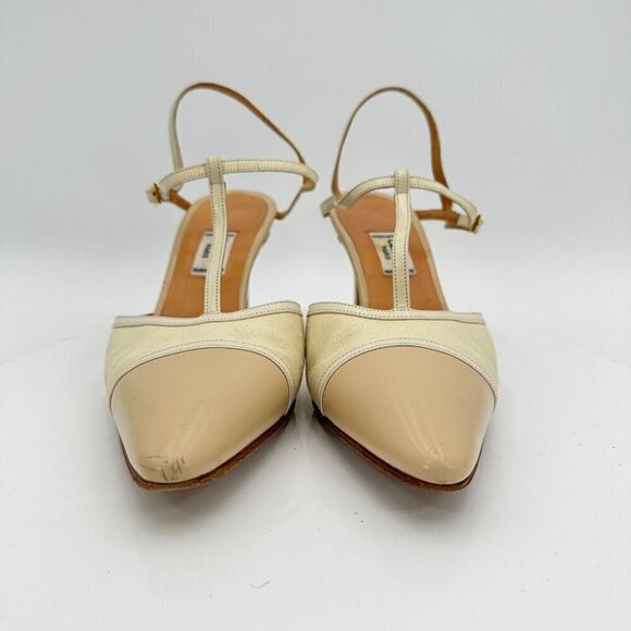 Celine Women Size EU 37.5 US 7 Cream Tan Pointed Toe T strap Heel Pump Sandal - Picture 2 of 16